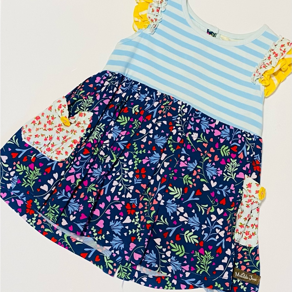 Matilda Jane blouse with blue floral bottom snd light striped top. Buttoned back